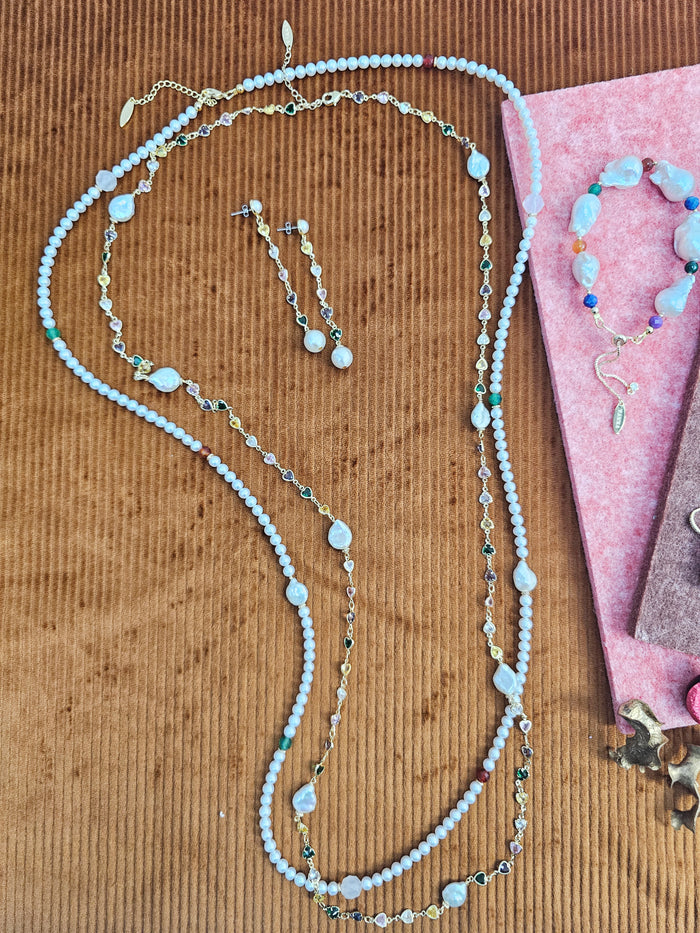 Freshwater Pearl With Green And Red Agate Long Necklace SN037
