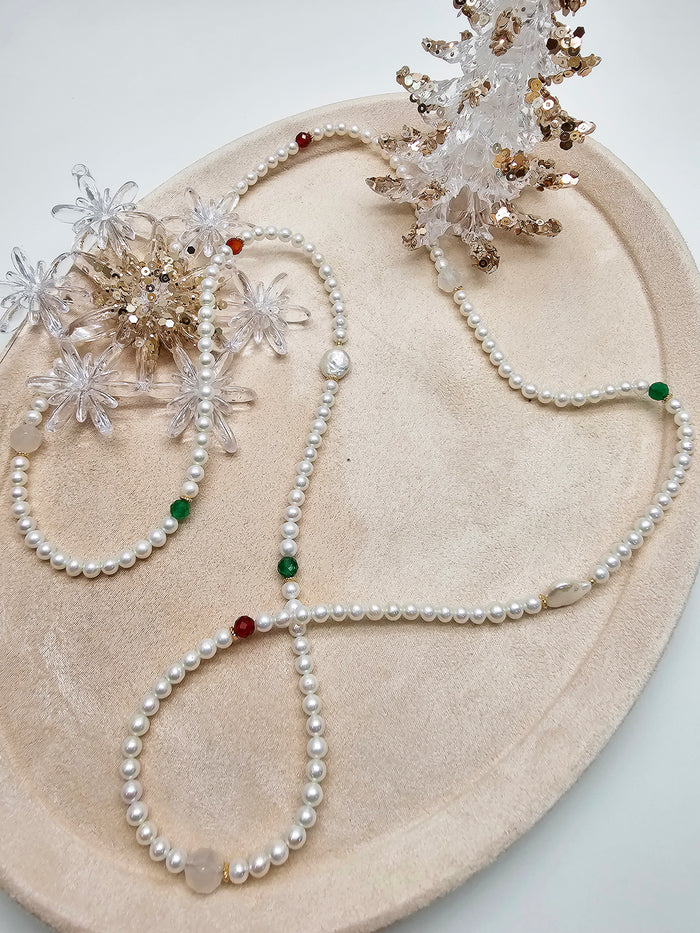 Freshwater Pearl With Green And Red Agate Long Necklace SN037