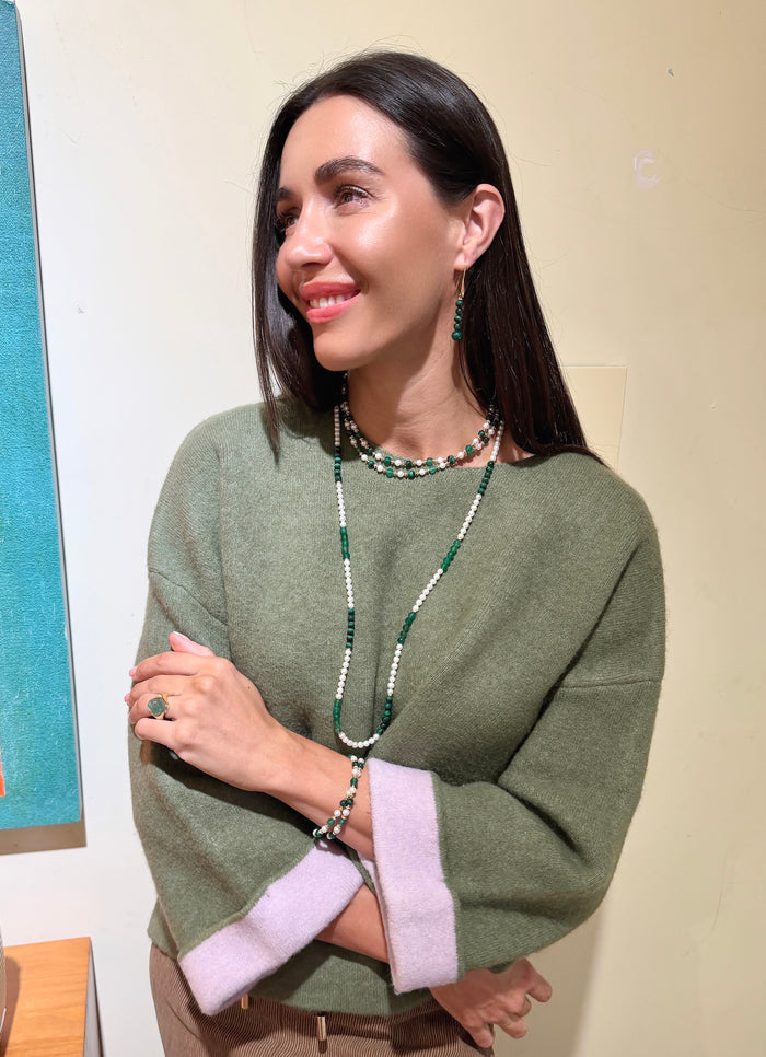 Freshwater Pearl With Green Malachite And Agate Long Necklace SN027