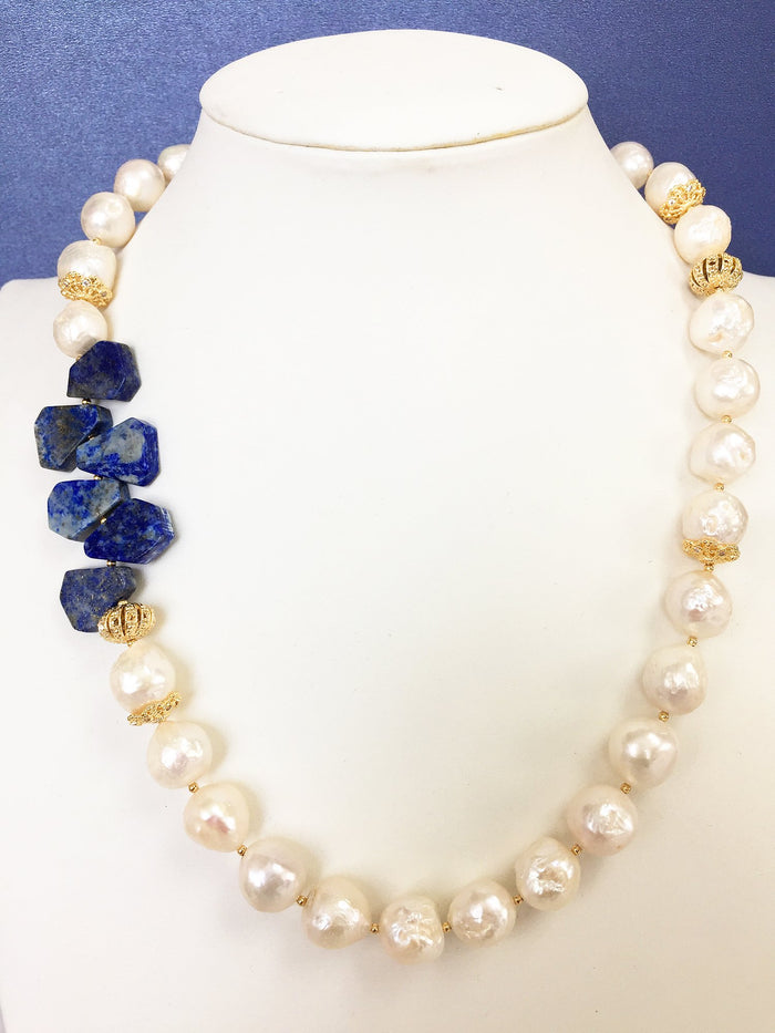 Freshwater Pearl With Lapis Flower Statement Necklace  MN040 - FARRA