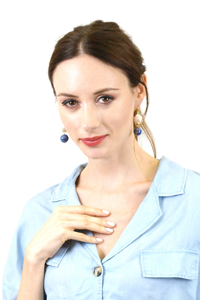 Freshwater Pearl With Lapis Lazuli Hook Earrings AE010 - FARRA