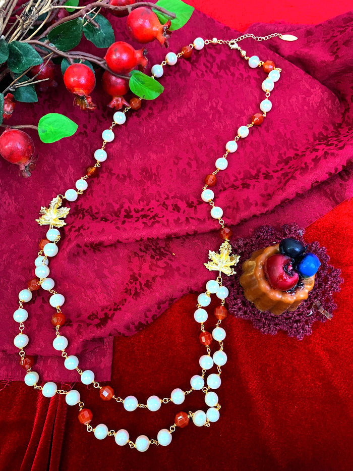 Freshwater Pearl With Red Agate And Maple Leaves Charm Long Chain Necklace HN031 - FARRA