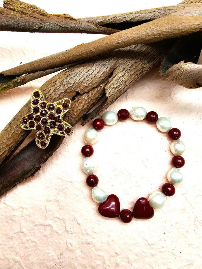 Freshwater Pearl With Red Heart Bowknot Bracelet QB016
