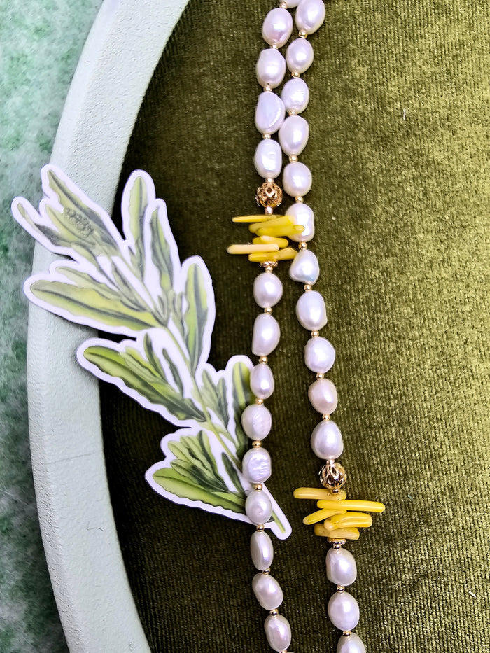 Freshwater Pearl With Yellow Bamboo Coral Long Necklace SN032