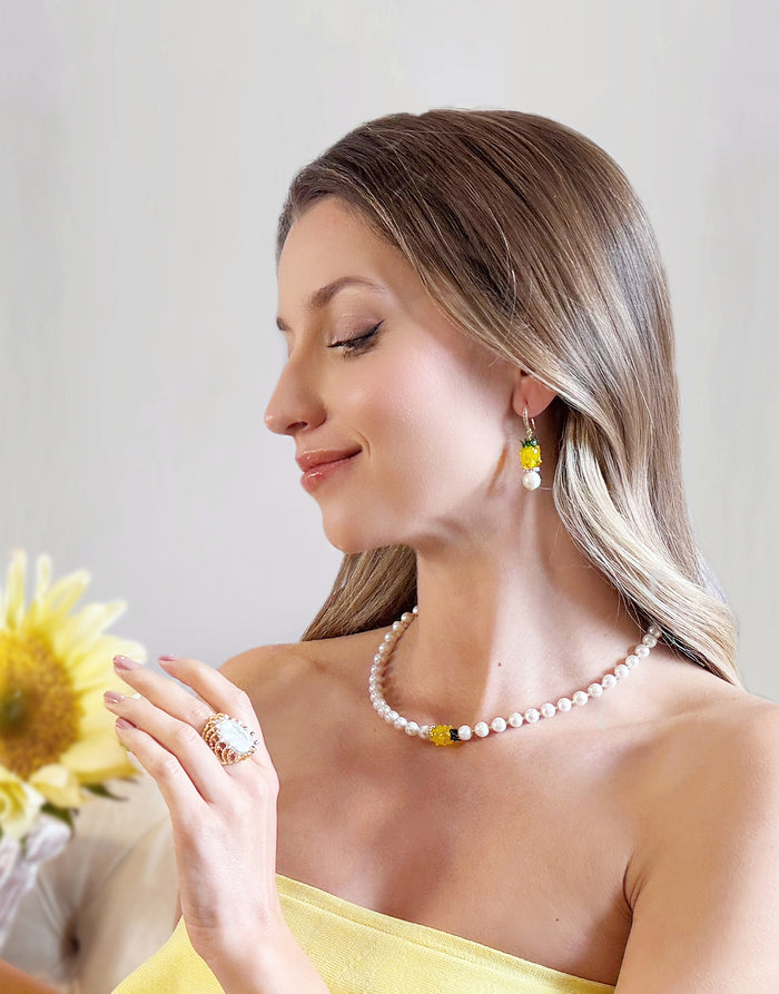 Freshwater Pearl With Yellow Pineapple Pendant Necklace RN008