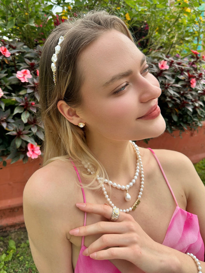 Freshwater Pearls And Colorful Zircon Handcrafted Hair Band LH001 - FARRA
