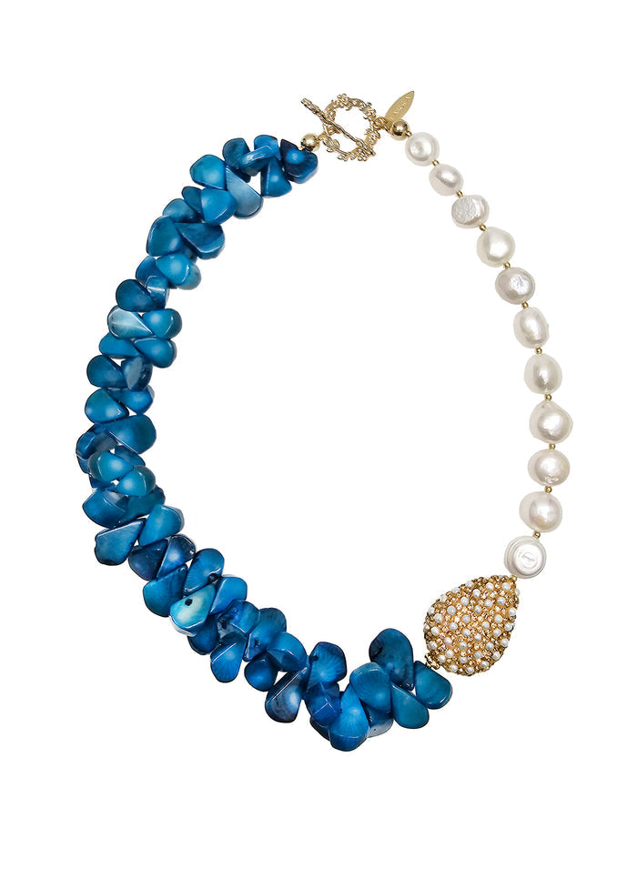 Freshwater Pearls & Floral Blue Bamboo Coral Necklace QN029