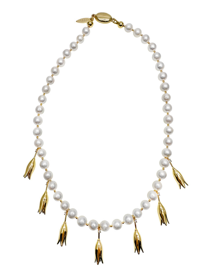 Freshwater Pearls Flower Charms Statement Necklace KN002 - FARRA