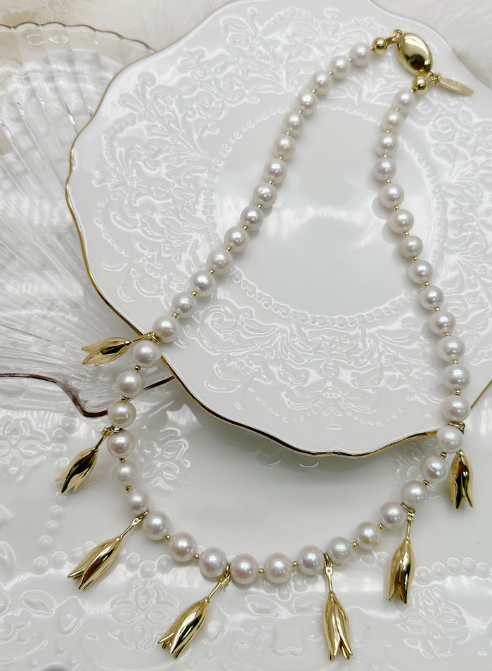 Freshwater Pearls Flower Charms Statement Necklace KN002 - FARRA