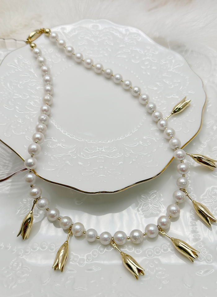 Freshwater Pearls Flower Charms Statement Necklace KN002 - FARRA