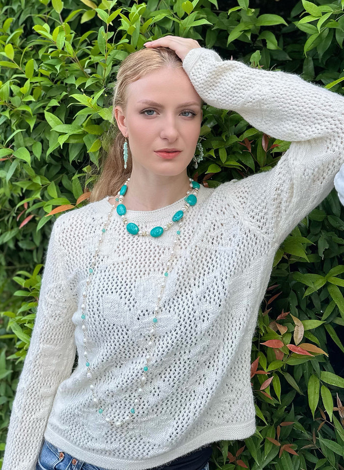 Freshwater Pearls With Amazonite Long Necklace KN010 - FARRA
