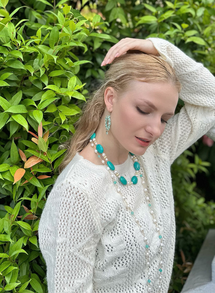 Freshwater Pearls With Amazonite Long Necklace KN010 - FARRA