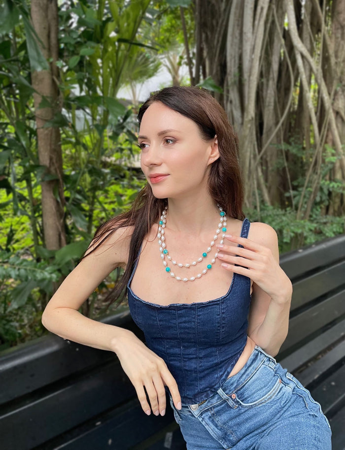 Freshwater Pearls With Amazonite Multi-way Necklace GN026 - FARRA