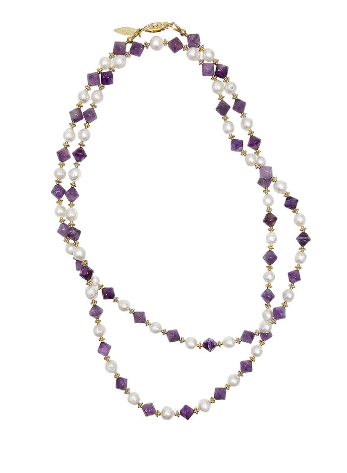 Freshwater Pearls With Amethyst Long Necklace PN015