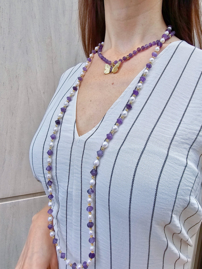 Freshwater Pearls With Amethyst Long Necklace PN015