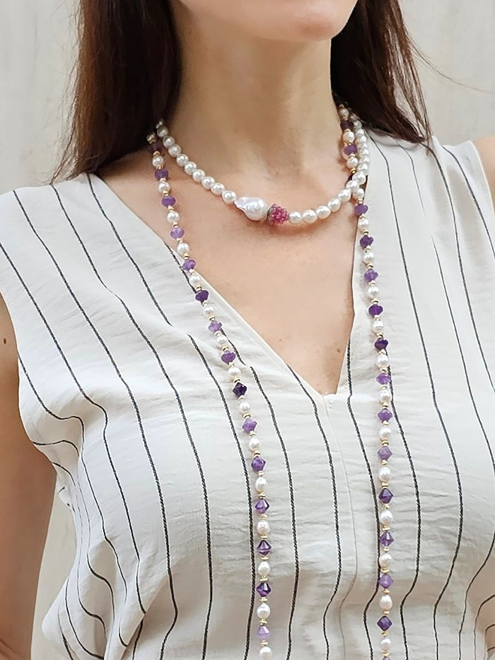 Freshwater Pearls With Amethyst Long Necklace PN015