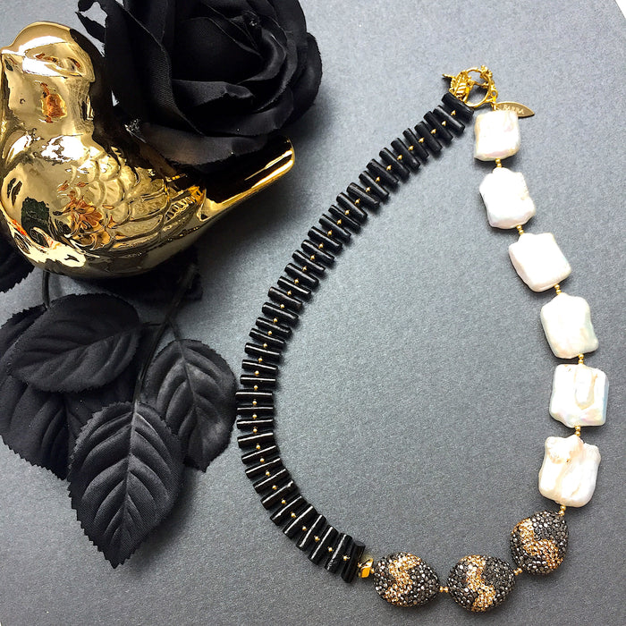 Freshwater Pearls with Black Coral Statement Necklace MN006 - FARRA