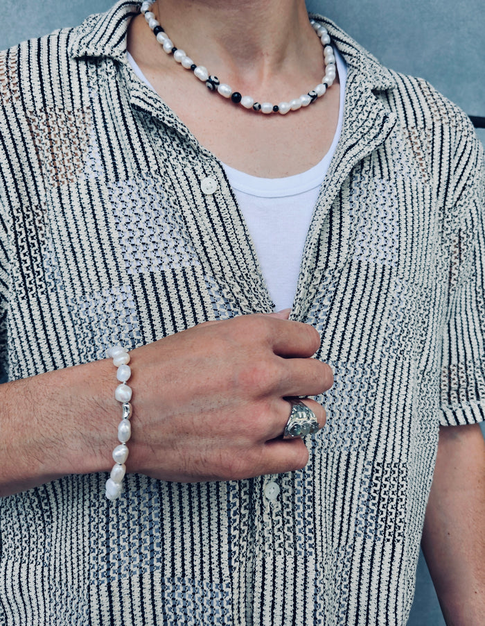 Freshwater Pearls With Black Dzi Agate Men's Necklace MEN10
