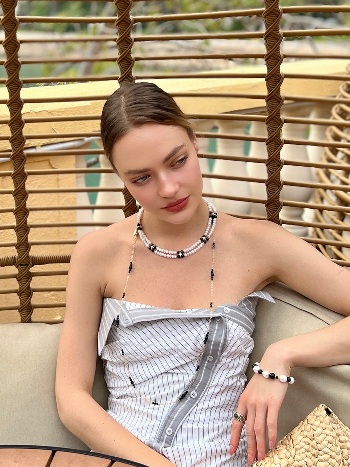 Freshwater Pearls with Black Obsidian and Zircon Stone Statement Collar Necklace LN070 - FARRA