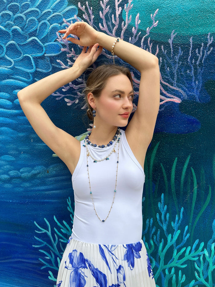 Freshwater Pearls With Blue Gemstone and Flower Charms Bracelet LB008 - FARRA