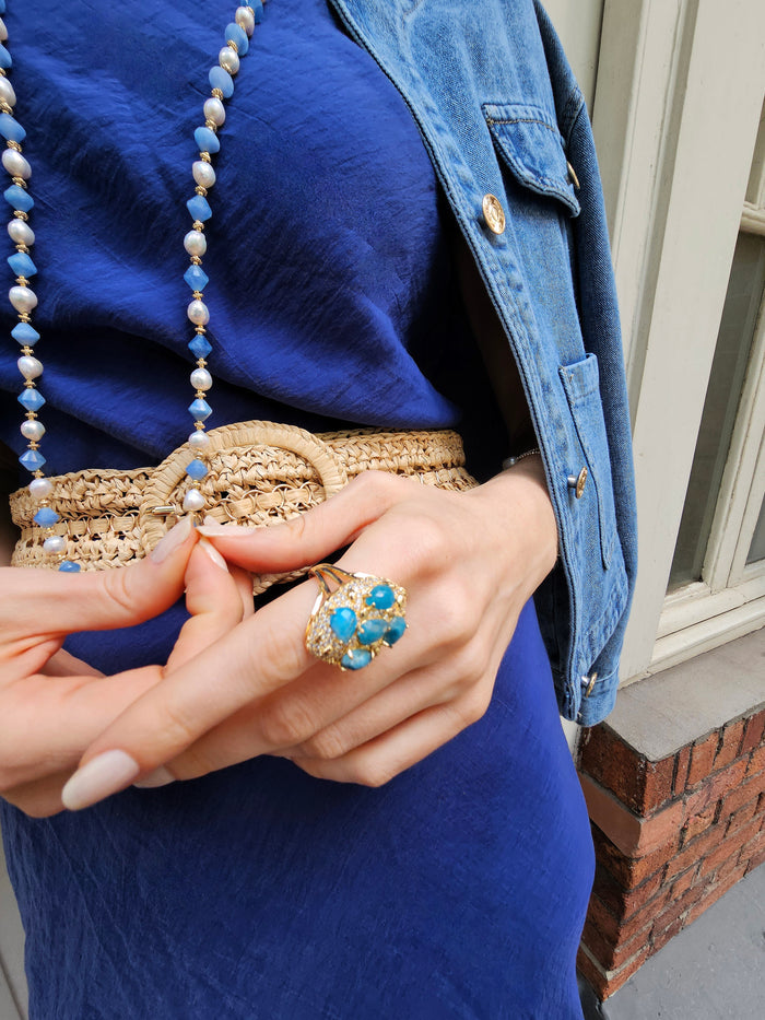 Freshwater Pearls With Blue Jade Long Necklace PN028