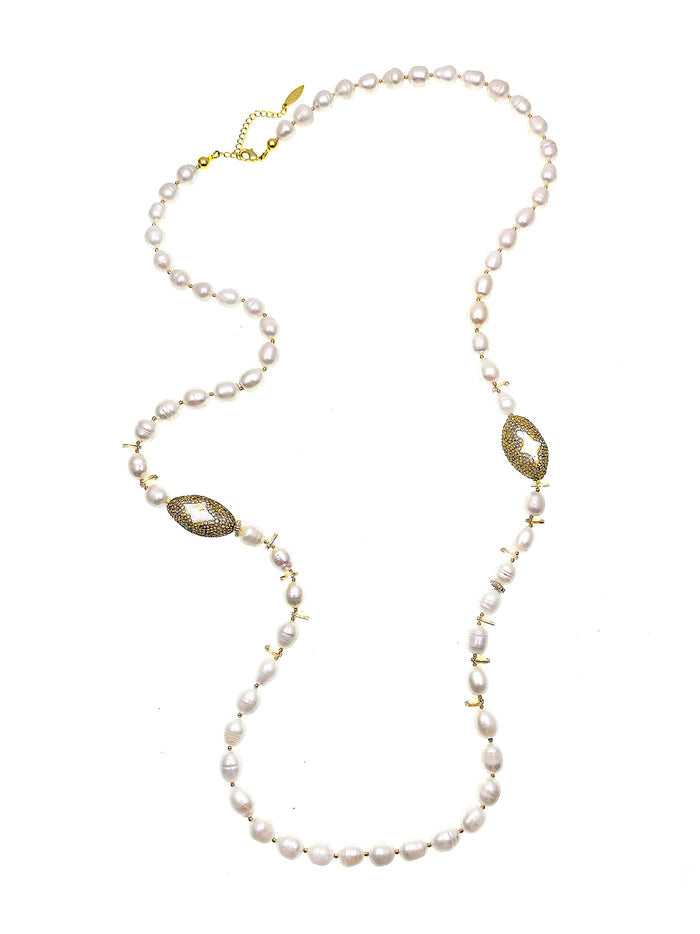 Freshwater Pearls With Crystals & Rhinestone Two Ways Necklace FN035 - FARRA