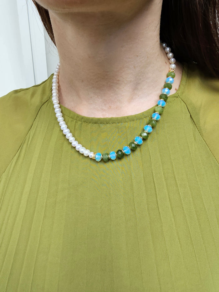 Freshwater Pearls With Green Jade And Opal Color Matching Necklace PN069