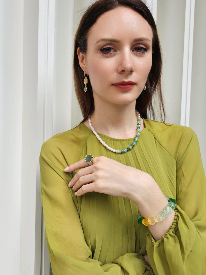 Freshwater Pearls With Green Jade And Opal Color Matching Necklace PN069
