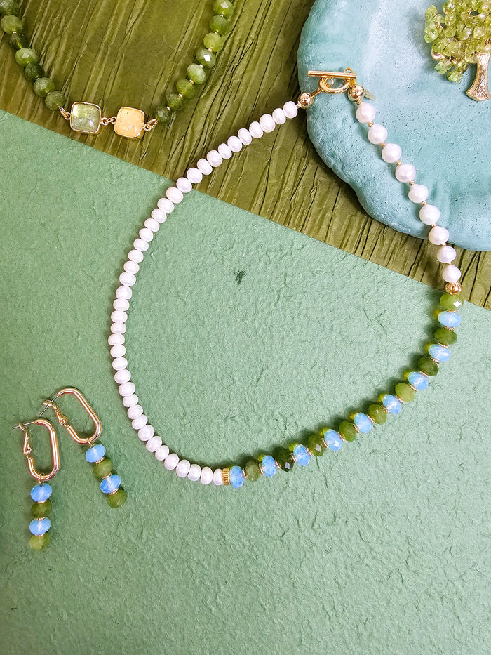 Freshwater Pearls With Green Jade And Opal Color Matching Necklace PN069