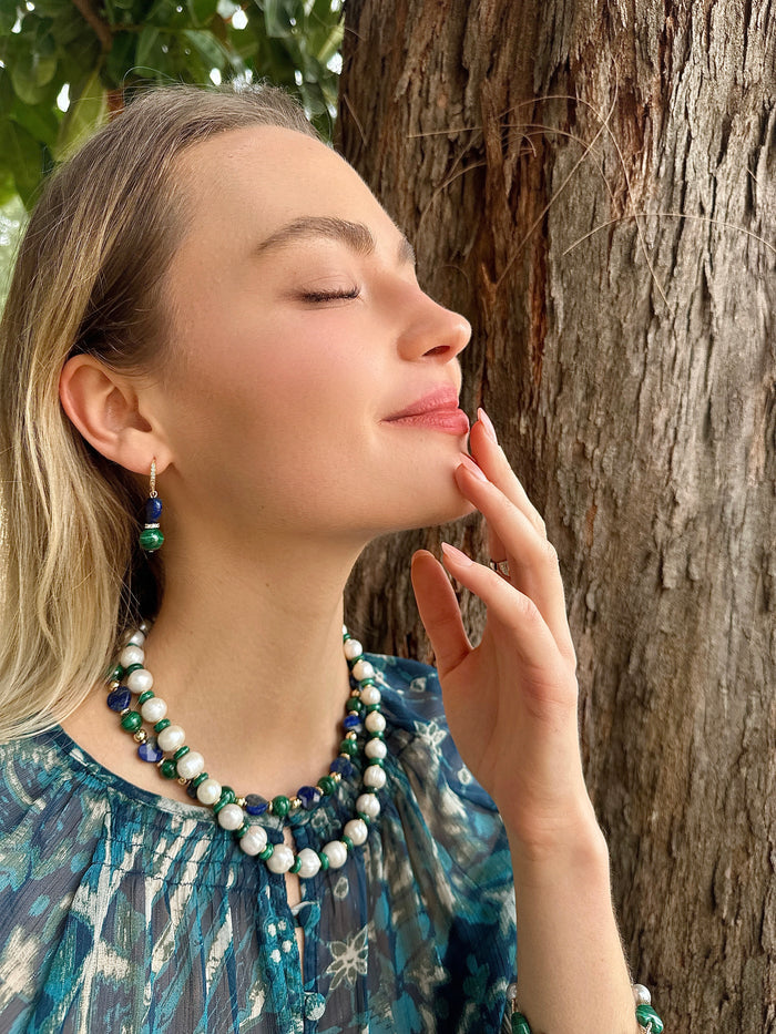 Freshwater Pearls with Green Malachite Beads Spacer Necklace LN042 - FARRA
