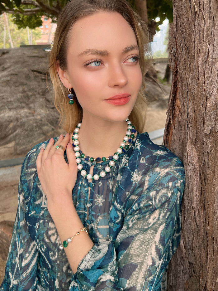 Freshwater Pearls with Green Malachite Beads Spacer Necklace LN042 - FARRA