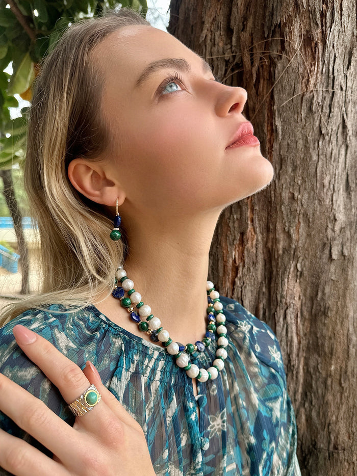 Freshwater Pearls with Green Malachite Beads Spacer Necklace LN042 - FARRA
