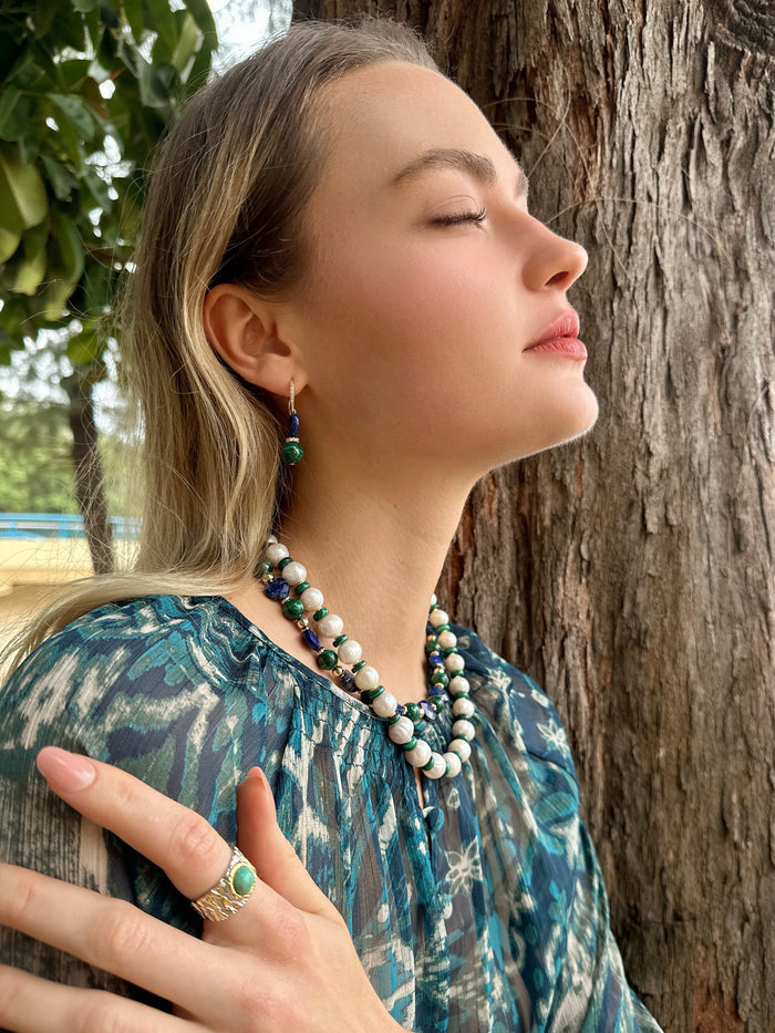 Freshwater Pearls with Green Malachite Beads Spacer Necklace LN042 - FARRA