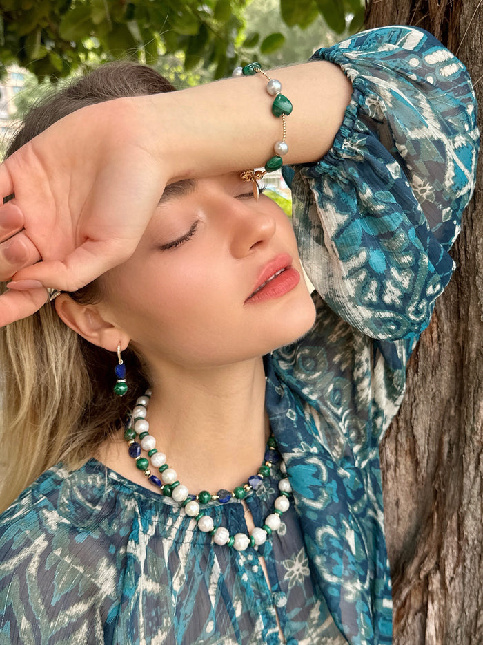 Freshwater Pearls with Green Malachite Beads Spacer Necklace LN042 - FARRA