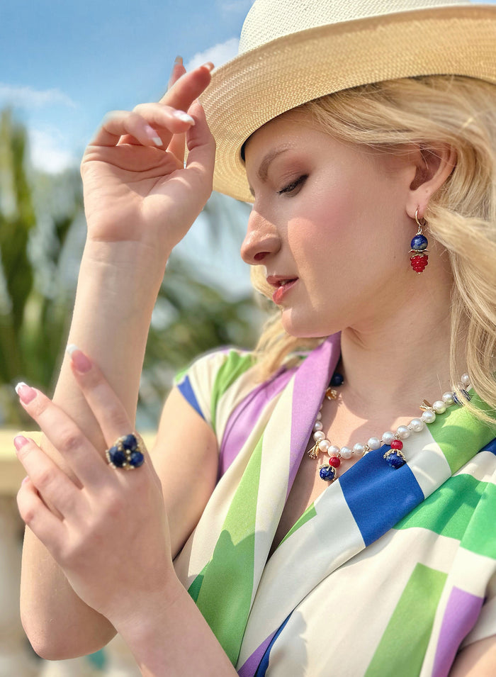 Freshwater Pearls With Lapis and Red Coral Pendents Necklace JN021 - FARRA