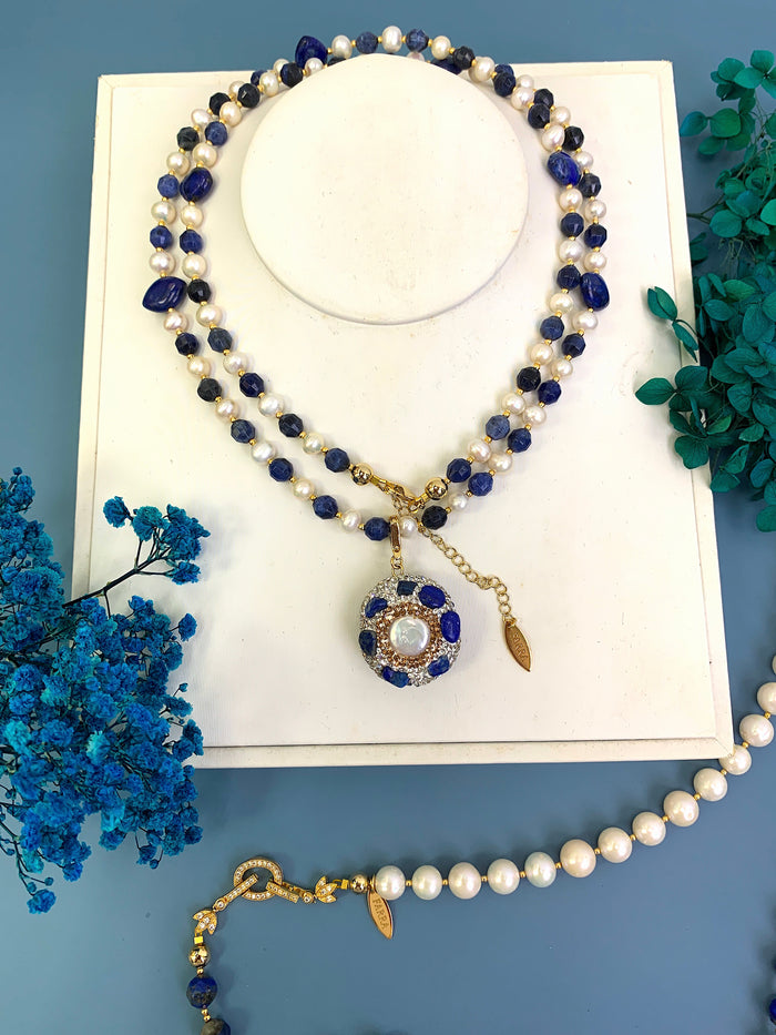 Freshwater Pearls With Lapis And Sodalite MuIti-way Necklace HN005 - FARRA