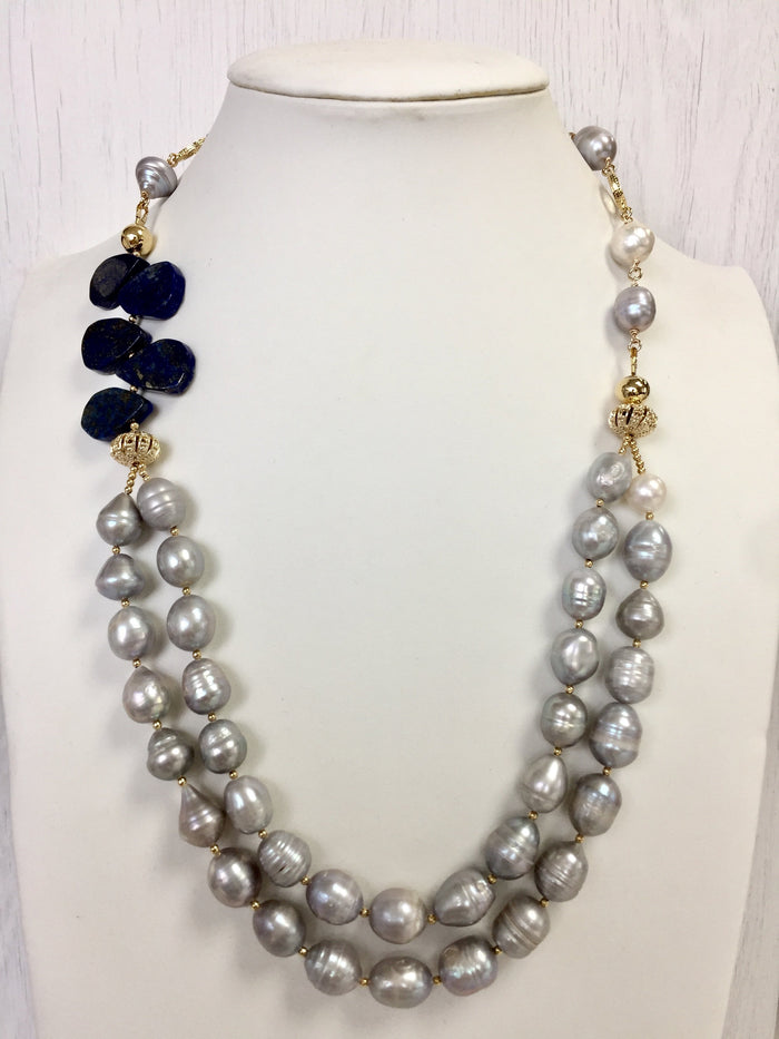 Freshwater pearls with Lapis Double Necklace MN041 - FARRA