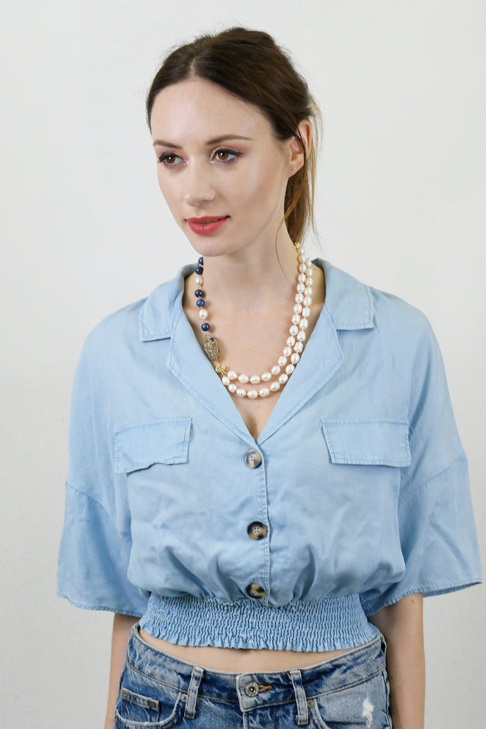 Freshwater Pearls With Lapis Lazuli & Rhinestone Double Strands Necklace AN016 - FARRA