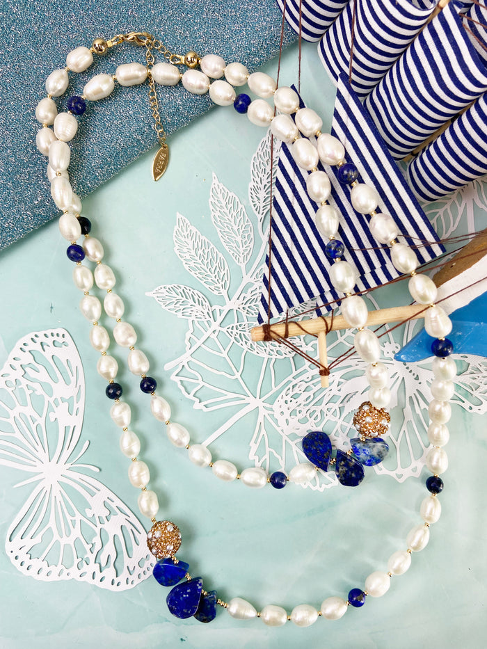 Freshwater Pearls With Lapis & Rhinestones Multi-Way Necklace GN019 - FARRA
