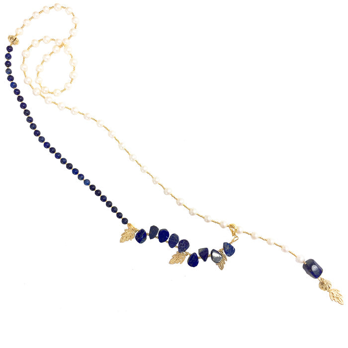 Freshwater Pearls With Lapis Y-Shaped Necklace MN037 - FARRA