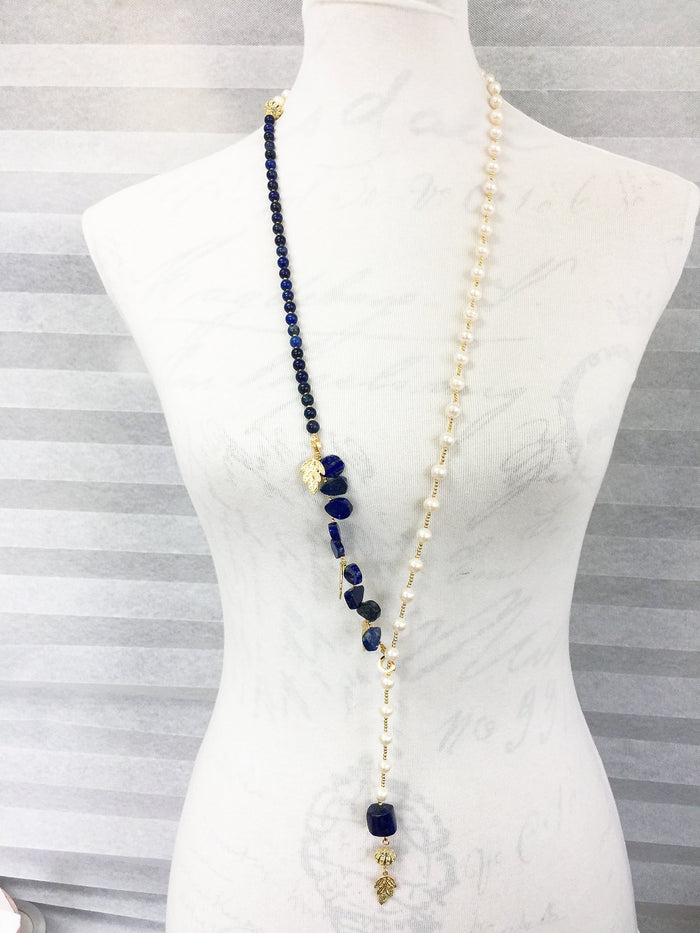 Freshwater Pearls With Lapis Y-Shaped Necklace MN037 - FARRA