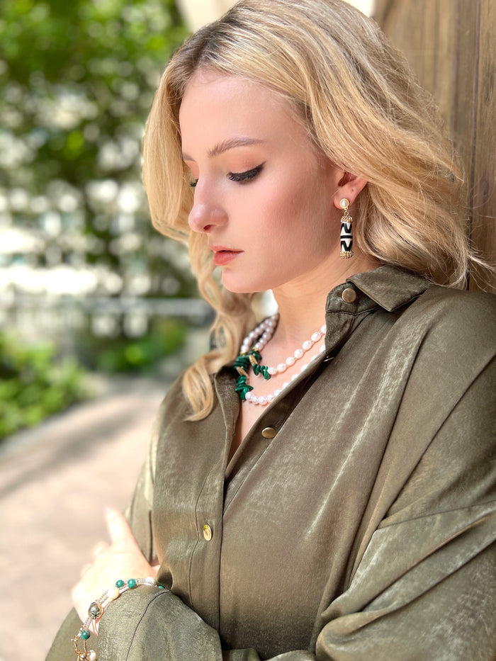 Freshwater Pearls With Malachite Sticks Multi-Way Necklace HN030 - FARRA