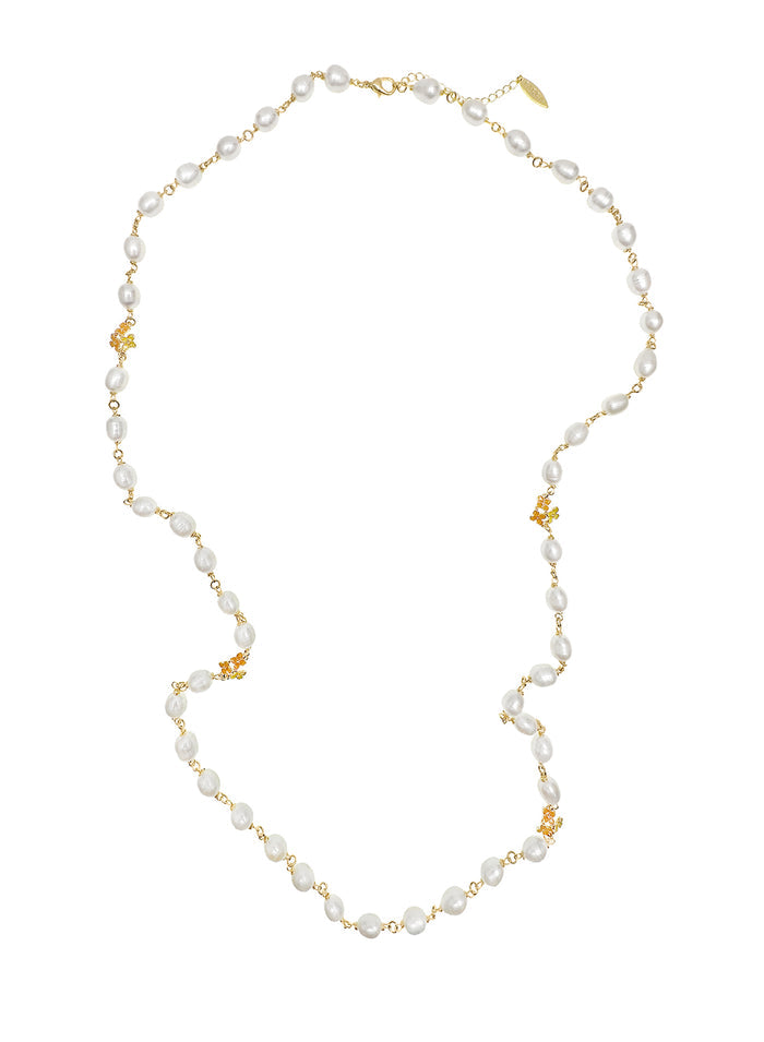 Freshwater Pearls With Orange Flower Charm Long Necklace NN013