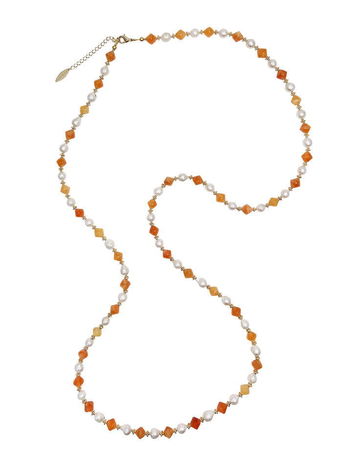 Freshwater Pearls With Orange Jade Long Necklace PN048