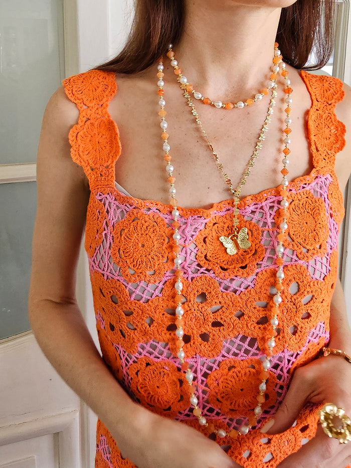 Freshwater Pearls With Orange Jade Short Necklace PN047