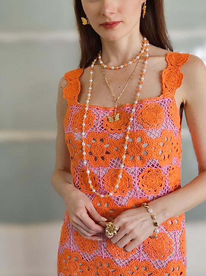 Freshwater Pearls With Orange Jade Short Necklace PN047