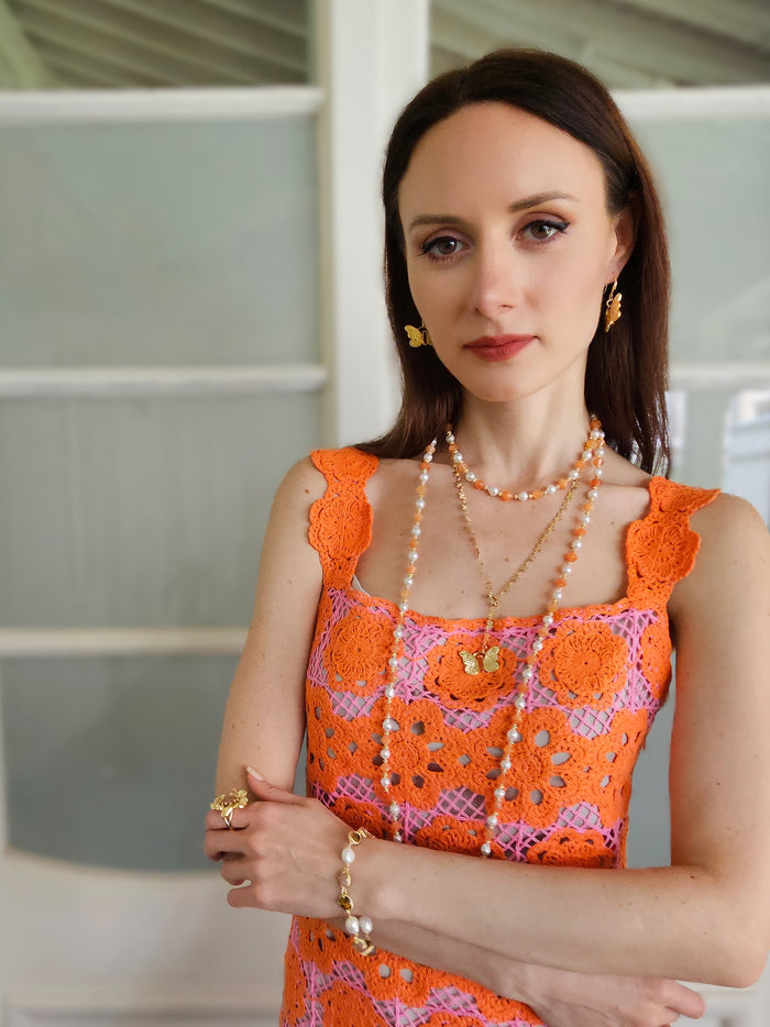 Freshwater Pearls With Orange Jade Short Necklace PN047