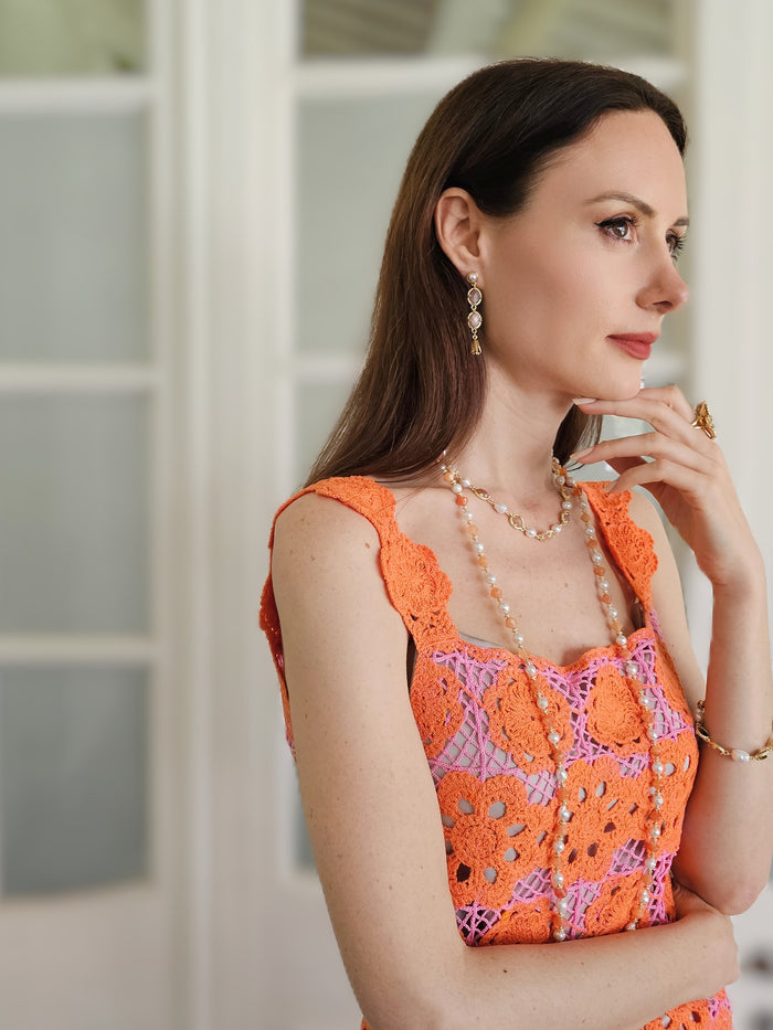 Freshwater pearls With Orange Moonstone Statement Necklace PN044