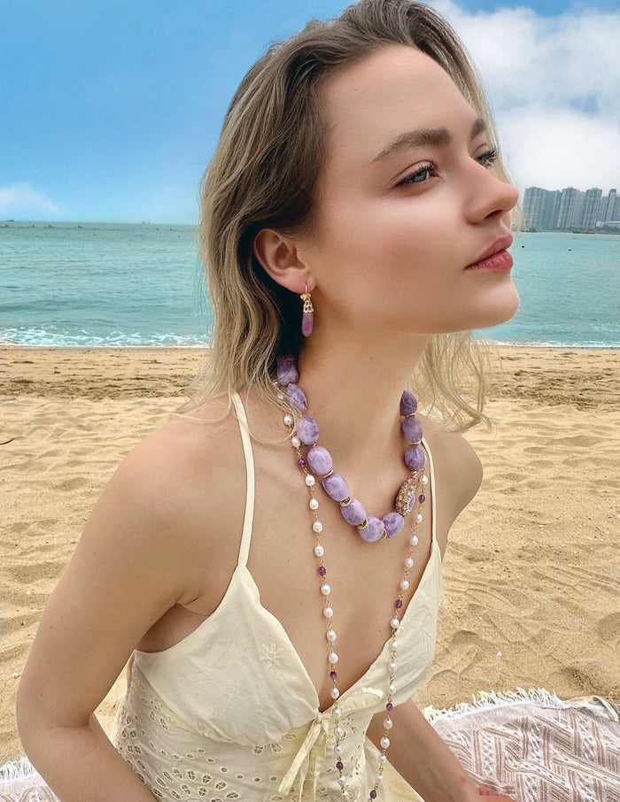Freshwater Pearls With Purple Amethyst Long Necklace LN022 - FARRA