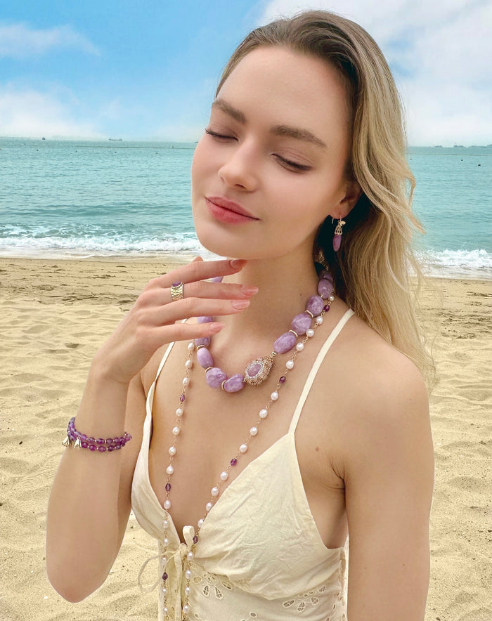 Freshwater Pearls With Purple Amethyst Long Necklace LN022 - FARRA